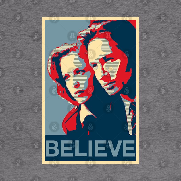 Scully and Mulder BELIEVE Poster by Mia's Designs